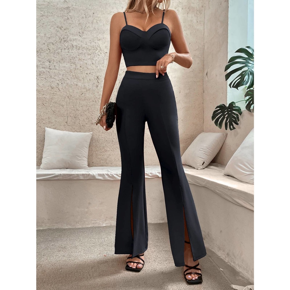 2 piece set: Zip Back Bustier Cami crop Top & Flare Leg Pants black - Picture 1 of 11